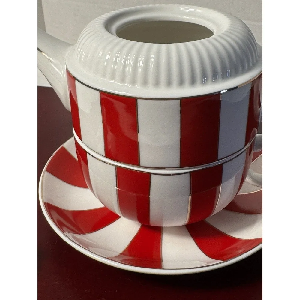 Grace Teaware Red Striped Tea for One' Set w/ Gold Accents New